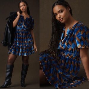 Anthropologie The Somerset Velvet Mini Dress Blue pockets